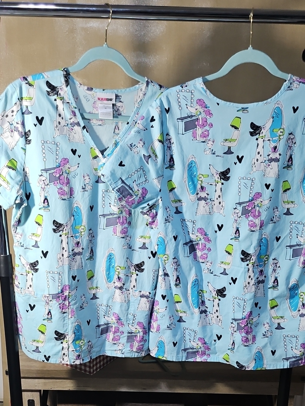 Women's Novelty Print Scrub Top Featuring an all-over Cartoon Dogs PAIR -M/ LG